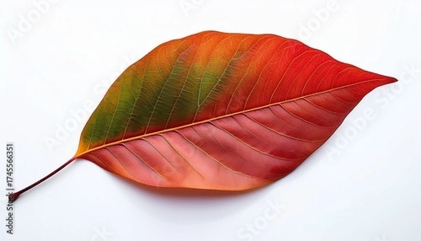 Fototapeta close up big red leave fall from big tree when dry and change color from green to orange red isolated on white