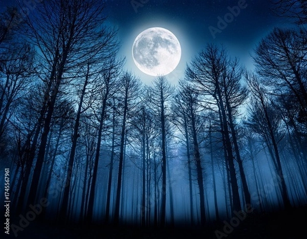 Fototapeta a dark forest with a full moon in the sky