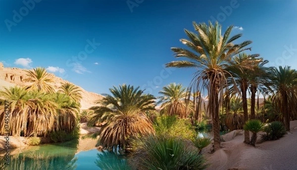 Fototapeta tropical palms swaying in a desert oasis