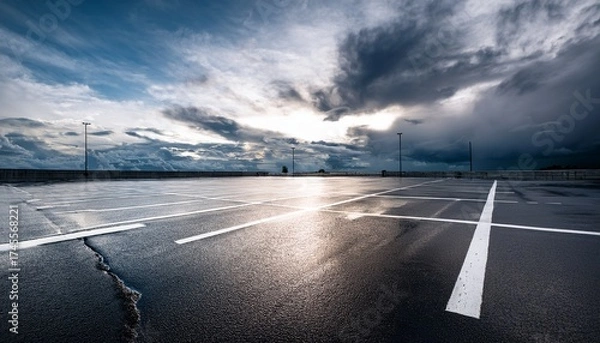 Fototapeta empty wet asphalt parking lot under dramatic cloudy sky