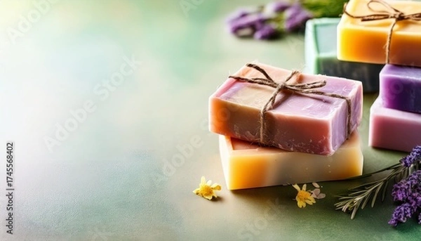 Fototapeta hand made soap bars background with copy space