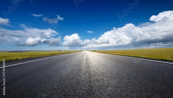Fototapeta empty asphalt road stretches under a vibrant blue sky dotted with fluffy white clouds
