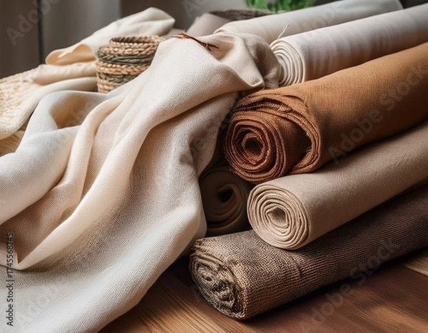 Fototapeta various textured and colored linens organic flax and cotton fabrics in rolls handwoven textiles burlap and canvas suited for eco friendly rustic bohemian and cozy home decor