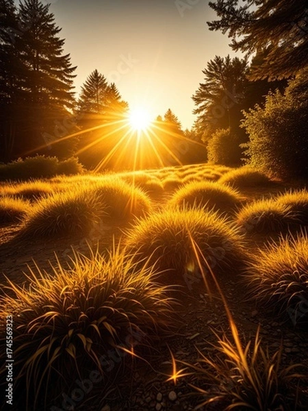 Fototapeta Golden sunburst over a field of grass, trees surround, light and shadow play