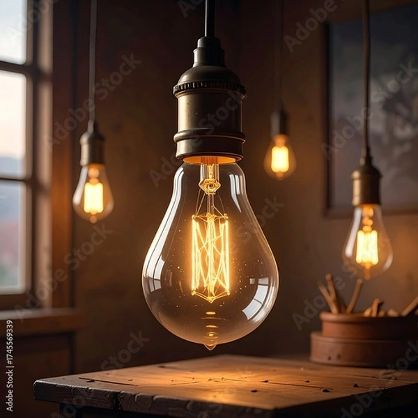 Fototapeta Warm-toned Edison bulb, hanging from dark fixture, against a rustic workshop setting