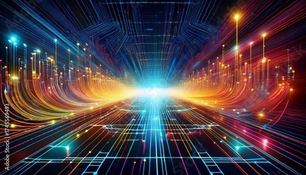 Fototapeta energetic digital network graphic with data pathways radiating outward from central nodes creating a dynamic and vibrant visual representation of technology and information