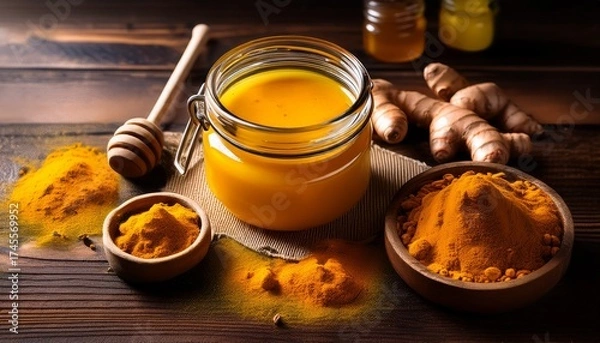 Fototapeta wooden table with a jar of honey and turmeric emphasizing nutritious food choices