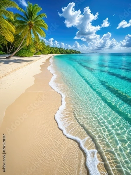 Fototapeta Tropical beach scene with turquoise water, white sand, palm trees, and a blue sky