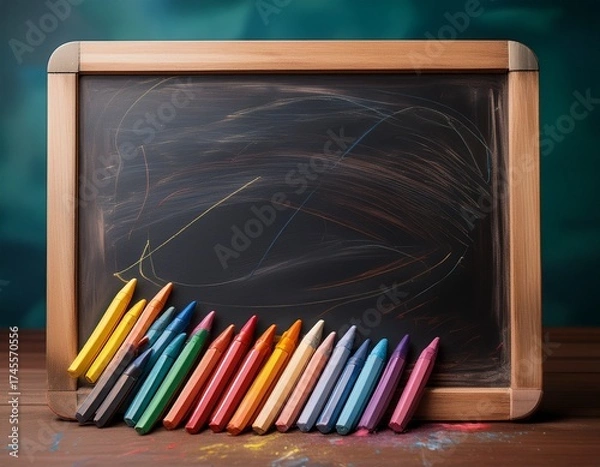 Fototapeta colorful crayons scattered near blackboard a playful burst of creativity in learning