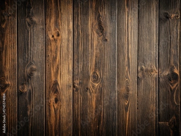 Fototapeta Vertical planks of aged, rich brown wood texture. Grain detail, knots. Rustic feel