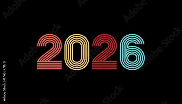 Fototapeta 2026 in Color – Bold Number Design on Black Canvas with Red, Yellow, and Blue Accents. A Minimalist Graphic Concept for Contemporary New Year Celebration and Creative Branding