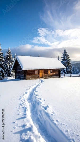 Obraz Snowy cabin with fresh footprints on a winter day