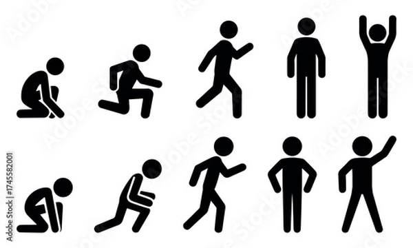 Obraz Stickman posture and motion vector set, minimal human body silhouette showing sitting, running, and stretching actions, perfect for infographic, health, education, and ergonomic design concepts