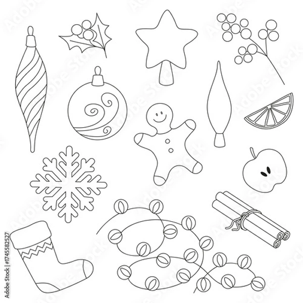 Fototapeta Set of Christmas black and white icons with outlines. Ornaments, cookie, sock, snowflake, cinnamon sticks, lights, star, apple slice, lemon slice. Vector illustration.
