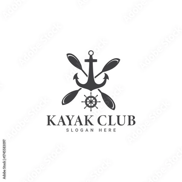 Fototapeta Kayak club emblem - canoe and two crossed paddles, kayak label vector template