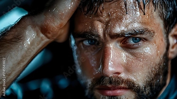Fototapeta Intense close up portrait of athletic man with blue eyes and beard covered in sweat during workout, dramatic lighting and teal background for sports and fitness concepts.