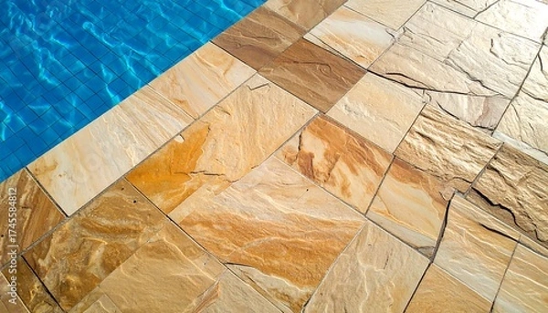 Fototapeta Poolside view with natural stone tiles and clear water
