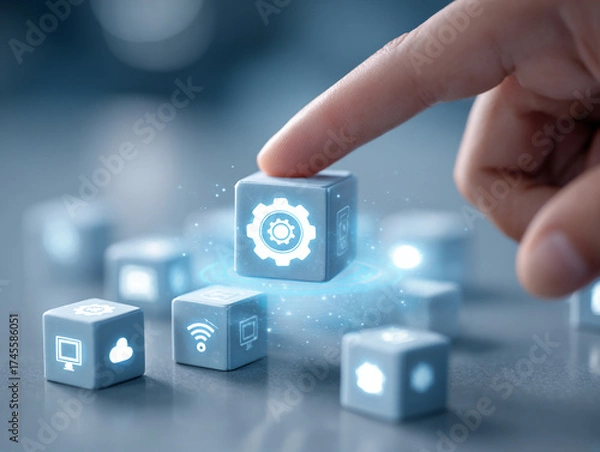 Fototapeta Blue Technology Network Cubes with Icons