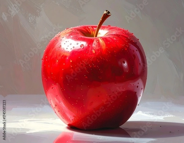 Fototapeta Vibrant red apple with water droplets, digitally painted
