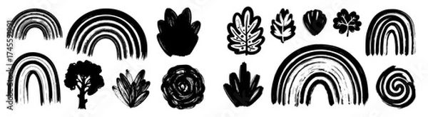 Fototapeta Hand-Drawn Bohemian Nature Elements on White Backdrop: Rustic Brush Stroke Rainbows, Leaves, and Floral Accents for Creative Arts & Crafts, DIY Projects, Modern Logo Design, Branding, Textile Prints,