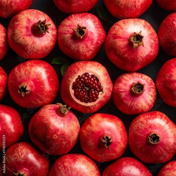 Fototapeta Red ripe pomegranates arranged on a dark surface