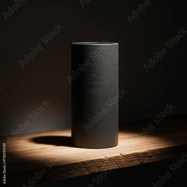 Fototapeta Minimalist dark ceramic cylinder vase with subtle texture on a rustic wooden surface