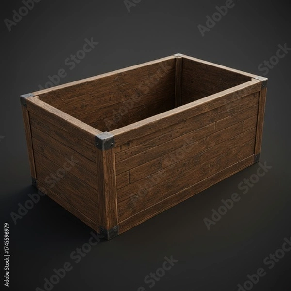 Fototapeta Rustic weathered wooden planter box with metal trim on a dark background