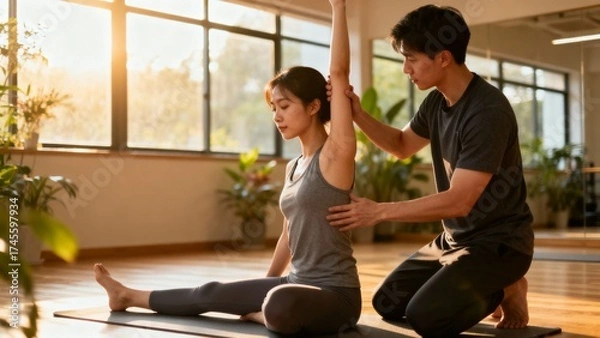 Fototapeta 아시아여성요가개인레슨스트레칭운동