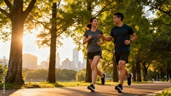 Fototapeta 아침공원조깅하는트레이너와회원