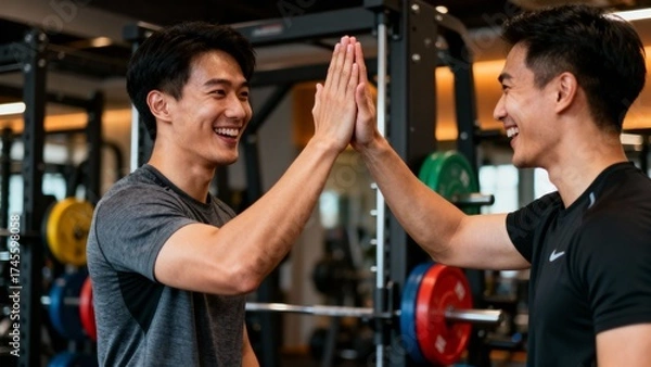 Fototapeta 헬스장에서_하이파이브하는_트레이너와_회원