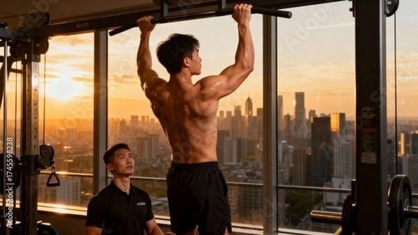 Fototapeta 아시아남성_헬스장_철봉운동_도시전망