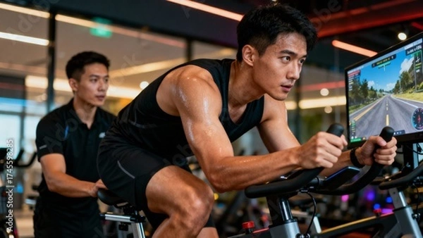 Fototapeta 헬스장에서실내자전거타는남성과트레이너