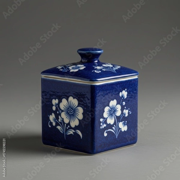 Fototapeta Elegant square cobalt blue porcelain lidded container adorned with delicate white floral patterns