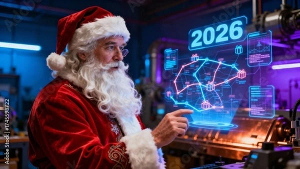 Fototapeta 미래기술로선물배송계획세우는산타클로스