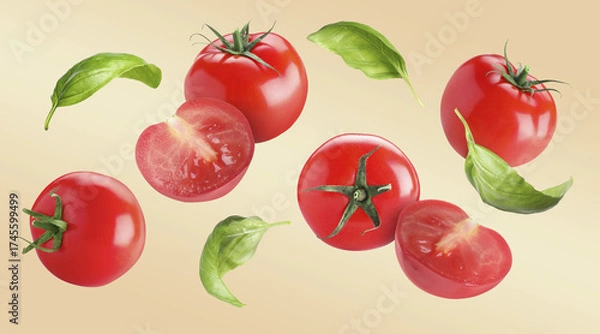 Fototapeta Fresh tomatoes and basil leaves flying on dark beige background