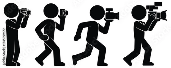 Obraz Stickman photographer and cameraman silhouette vector set, minimal black human figures holding camera and video recorder, simple photography and filmmaking icons for creative design and infographic 