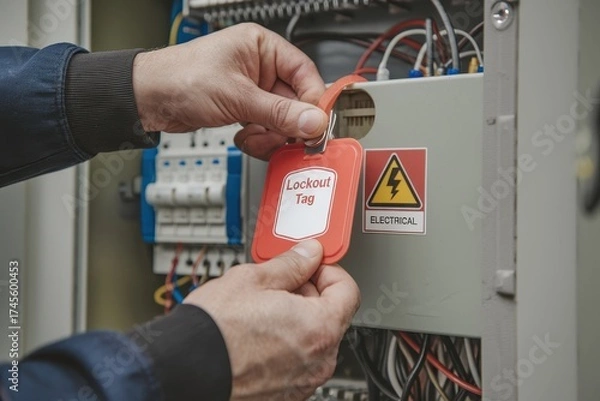 Fototapeta Safety training workplace routine A person attaching a lockout tag on an electrical panel for safety.