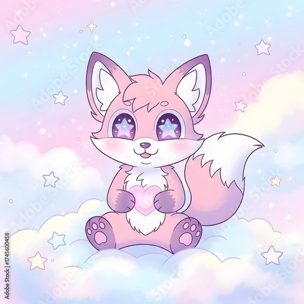 Fototapeta Dreamy Kawaii Fox with Glowing Heart on Cloud