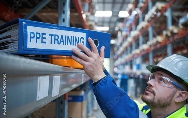 Fototapeta Safety training workplace routine Worker organizing safety training materials in a warehouse.