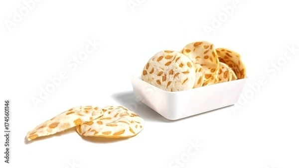 Fototapeta Keripik Tempe or Tempeh Chips in white bowl. Isolated on white background with copy space. Traditional Indonesian food are made from soybeans mixed with rice flour then sliced ​​thinly.