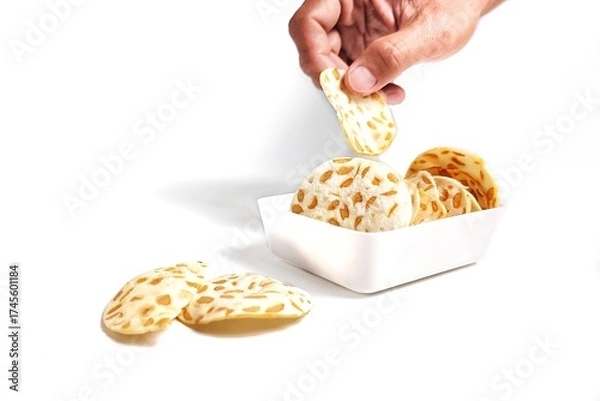 Fototapeta Hand taking Keripik Tempe or Tempeh Chips in white bowl. Isolated on white background with copy space. Traditional Indonesian food are made from soybeans mixed with rice flour then sliced ​​thinly.