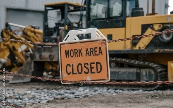 Fototapeta Safety training workplace routine Work area closed sign displayed on a chain near construction machinery.