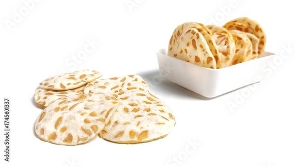Fototapeta Front view of Keripik Tempe or Tempeh Chips in white bowl. Isolated on white background with copy space. Traditional Indonesian food are made from soybeans mixed with rice flour then sliced ​​thinly.