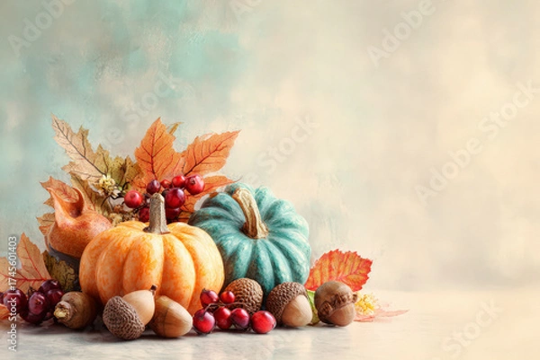 Obraz Banner, Warm autumn illustration featuring colorful gourds, nuts and leaves against a soft vintage backdrop. Ideal for holiday cards, food blogs, social media templates, website headers and festive ad