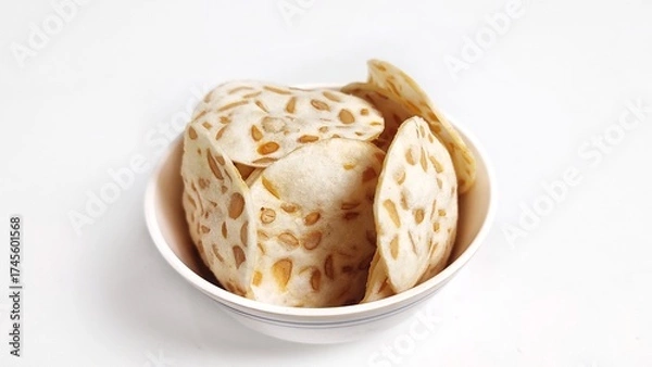 Fototapeta Keripik Tempe or Tempeh Chips in white bowl. Isolated on white background with copy space. Traditional Indonesian food are made from soybeans mixed with rice flour then sliced ​​thinly.