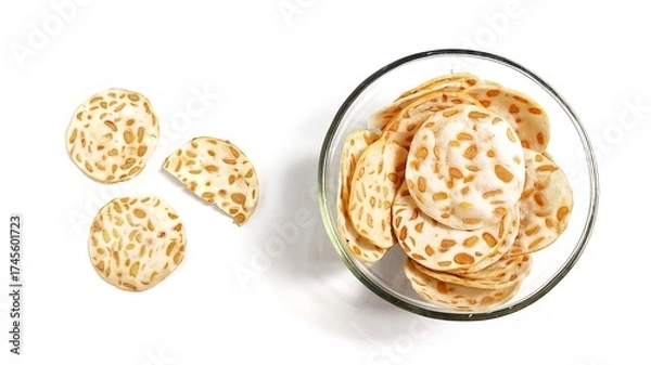 Fototapeta Top view of Keripik Tempe or Tempeh Chips in glass bowl. Isolated on white background with copy space. Traditional Indonesian food are made from soybeans mixed with rice flour then sliced ​​thinly.