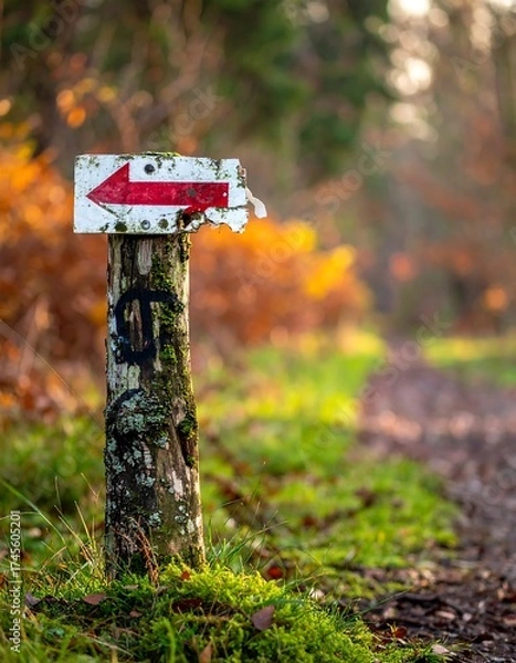 Fototapeta Wooden post with a weathered arrow sign pointing left, autumnal forest backdrop