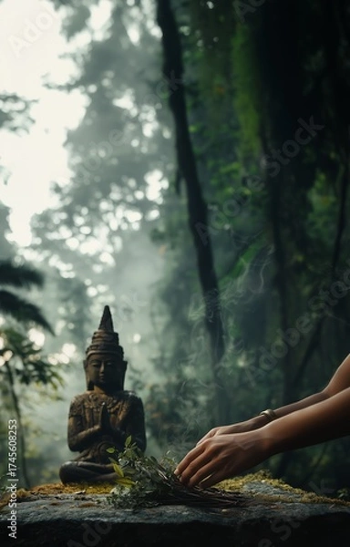 Fototapeta Offering herbs with your hands in front of the Buddha statue in the forest, Buddhist ritual and meditation practice