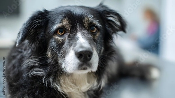 Fototapeta A calm senior dog lies indoors looking attentively towards the viewer with soft lighting