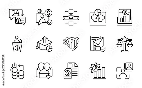 Fototapeta Social Policy line icon set. Containing education, reform, services, welfare, health care, insurance, world, politics, vector line icon pack